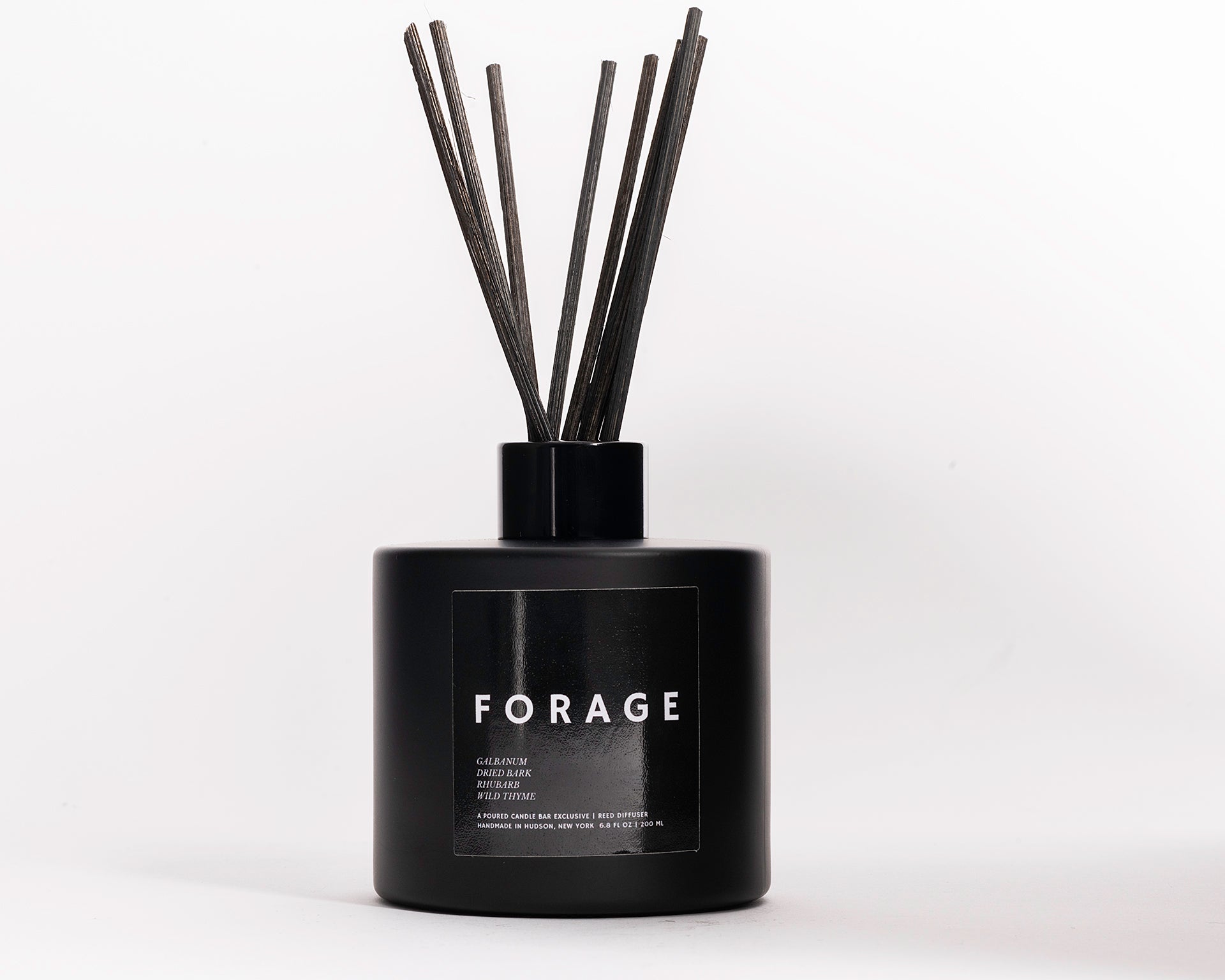 200 ml reed diffusers in a black circular glass vessel.  Profile Description:  Dried resin & wood with sweet & tart herbal impressions  Notes: Galbanum, Oakwood Bark, Rhubarb, Tart Zest, Wild Thyme
